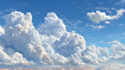 Cumulus clouds fill a vibrant blue sky