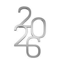 2026 — modern silver metallic 3D typography design with overlapping numbers on white background for New Year celebration, futuristic branding, posters, and luxury invitations