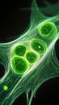 Fibroblast cell cytoskeleton filament membrane nucleus organelle vesicle microscopic fluorescence glowing green spherical network luminous imaging showing cellular structure internal detail green