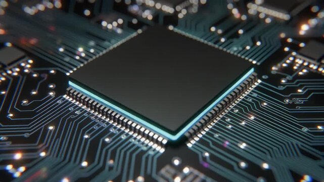 Close up view of a central processing unit with blue lines and glowing lights on a dark background