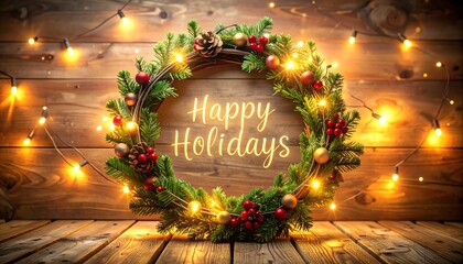 Festive Holiday Wreath with Warm Lights on Rustic Wood.