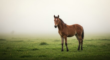 Fototapeta premium Young equine standing amidst green grasses under a soft, diffused light, perfect as a tranquil nature background texture, ranch, outdoor, adorable