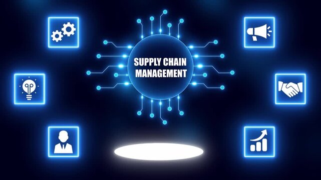 Digital concept of supply chain management with interconnected icons and glowing central hub logistics