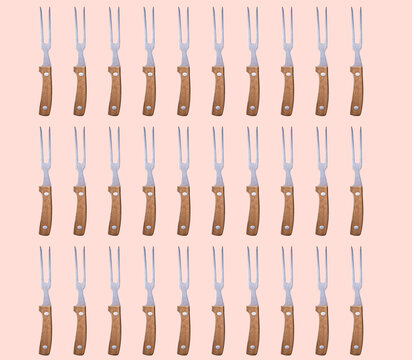 Meat fork with wooden handle isolated colage