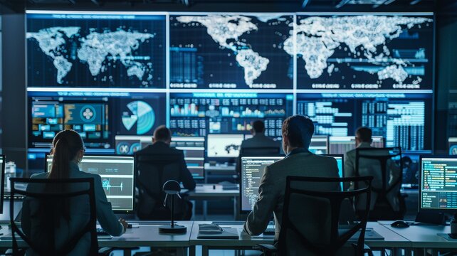 Team of professionals working in a cybersecurity operations center with digital maps and data screens. Concept of global network monitoring, data analysis, and cyber defense.