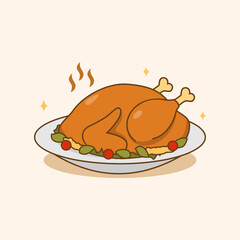 Thanksgiving Turkey Roast Chicken Illustration. Platter baked chiken fried with garnish. Food cartoon