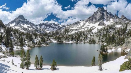 Tranquil Alpine Lake Reflecting Snow-Capped Peaks and Cloudy Sky, Idaho's Sawtooth Wilderness