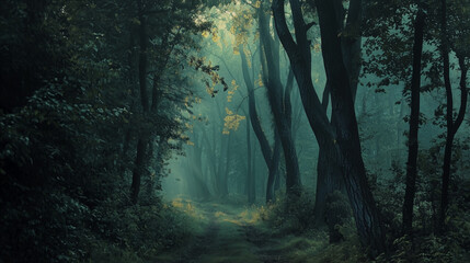Mysterious forest landscape with towering trees and soft light filtering through the mist