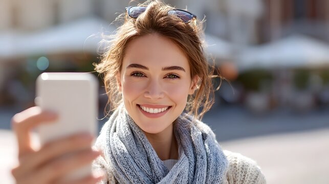 A cheerful young woman smiles brightly while taking a selfie with her smartphone outdoors in an urban environment with a blurred background