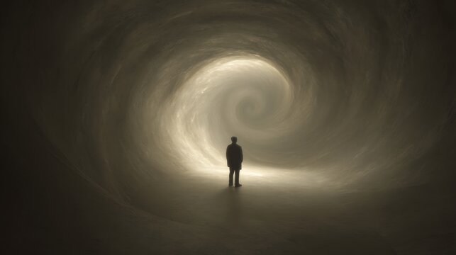 twisting vortex of thoughts encircling a fading human outline, metaphor for mental confinement, dramatic lighting, 