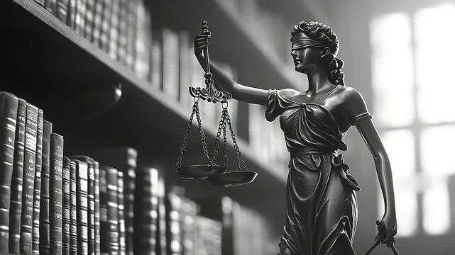 Statue of Justice in a Library Symbol of Law, Court, and Legal System in Monochrome