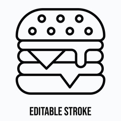 Obraz premium Juicy Cheeseburger with Lettuce Tomato and Sauce Layers Isolated Lineal Vector Icon, Editable Stroke.