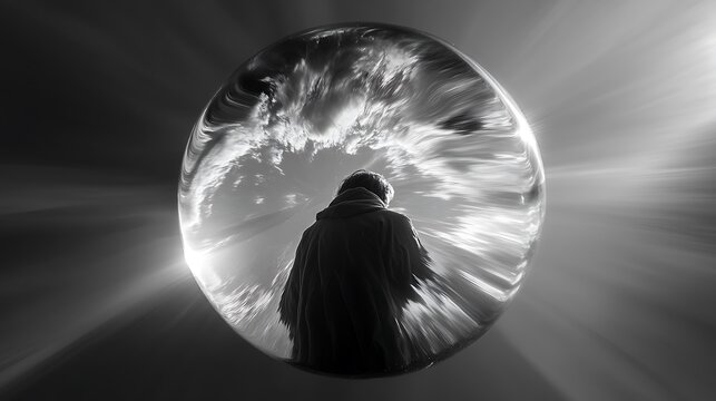 abstract sphere enclosing distorted silhouette, sense of suffocation and tension, sharp contrast, expressive composition, 