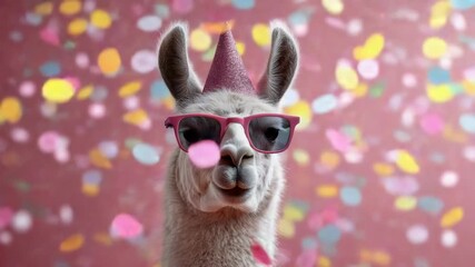 Cool llama wearing a festive party hat and stylish sunglasses looking at the camera while colorful confetti is falling against a pink background, perfect for a humorous birthday greeting