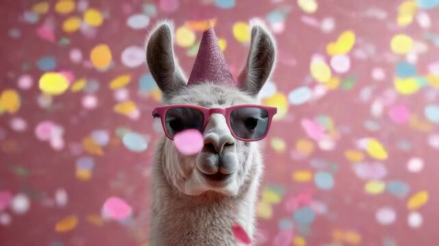 Cool llama wearing a festive party hat and stylish sunglasses looking at the camera while colorful confetti is falling against a pink background, perfect for a humorous birthday greeting