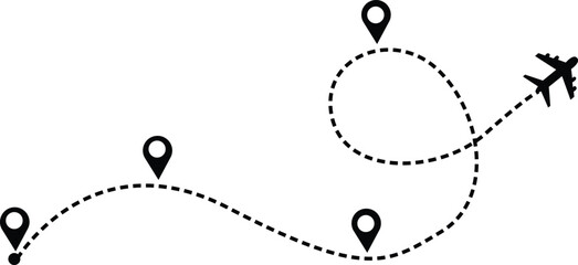 Airplane route with dotted flight path. 