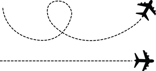 Airplane route with dotted flight path. Flying plane symbol with twisted, curved, straight and heart shape dashed trace path. Transparent png and vector illustration