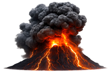 Active volcano erupting with molten lava flowing down its slopes and dark smoke plume, cutout, PNG isolated on white or transparent background
