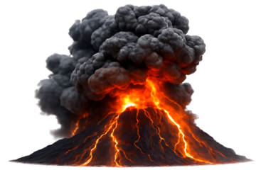 Active volcano erupting with molten lava flowing down its slopes and dark smoke plume, cutout, PNG isolated on white or transparent background