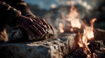 A close-up view of Abraham’s hands holding the ram gently on the stone altar as flames rise around it. Smoke swirls softly into the sky, and the light from the fire casts long shadows.