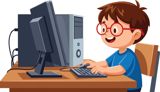 Cute cartoon boy with red glasses smiling while typing on a keyboard at his computer desk, perfect for themes of education, technology, online learning, childhood, and digital skills.