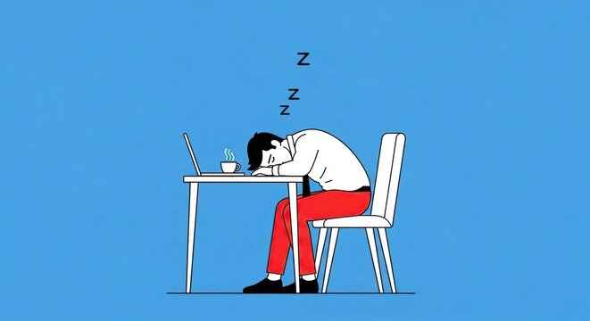Man sleeping at desk with laptop, exhaustion and burnout concept