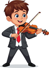 Cute cartoon boy in a formal suit and red tie playing violin with a joyful expression, perfect for music education, childhood, or performance themes.