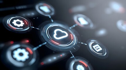 Futuristic digital interface illustrating a cloud computing network with interconnected nodes representing various services like storage settings and communication