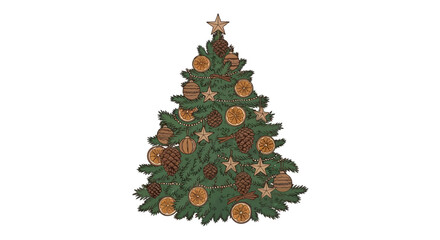 Charming hand drawn Christmas tree adorned with natural ornaments like pinecones, dried oranges, and cinnamon sticks, perfect for festive designs.