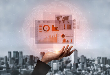 A hand displays an innovative digital interface featuring data analytics, graphs, and a world map, against a city backdrop, illustrating business potential and growth. Scalp