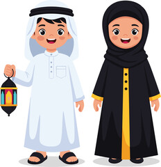 Cute cartoon boy and girl in traditional Arabic clothing, smiling happily with a decorative lantern, perfect for themes of Eid, Ramadan, cultural celebration, family, and childhood joy
