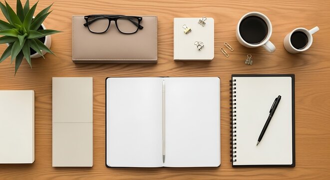 Modern workspace flat lay with essential office items, notebooks, and coffee on a clean wooden desk setup