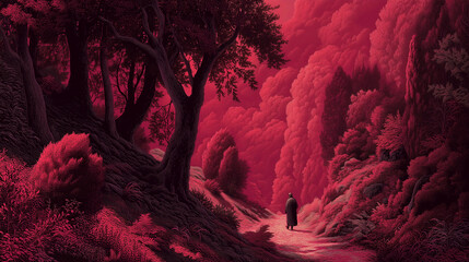 Surreal landscape featuring a lone figure walking through a vibrant red forest with dramatic clouds