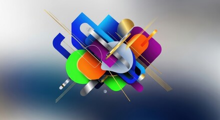 Colorful abstract geometric composition featuring overlapping volume shapes rendered in glossy and metallic textures creating a complex dynamic central design element on a subtle gradient background