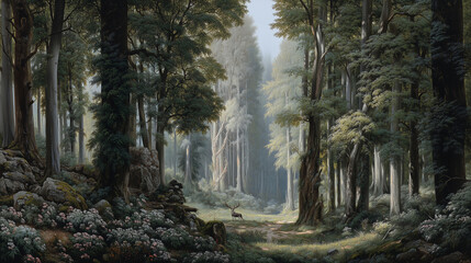 Majestic deer standing in a sunlit clearing surrounded by lush forest and vibrant wildflowers