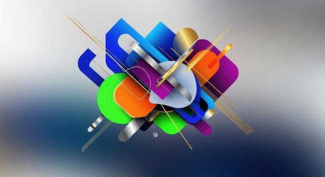 Colorful abstract geometric composition featuring overlapping volume shapes rendered in glossy and metallic textures creating a complex dynamic central design element on a subtle gradient background