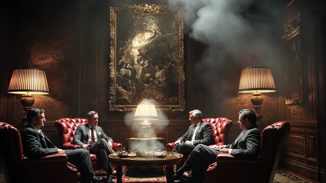 Three men engage in a serious discussion in a luxurious, dimly lit room with elegant furnishings and smoke rising, creating a mysterious ambiance at sunset