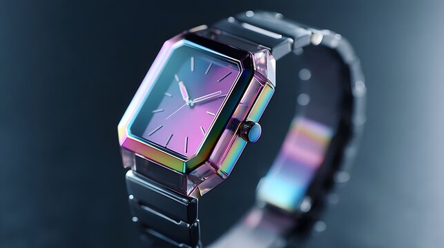 Luxury analog timepiece featuring a unique iridescent prismatic faceted octagonal bezel and a sleek metallic bracelet presented in a studio setting with dramatic lighting