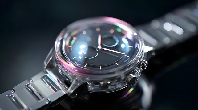 A sophisticated modern wristwatch featuring a brushed metal bracelet and a dark dial under a domed reflective crystal that captures vibrant prismatic light