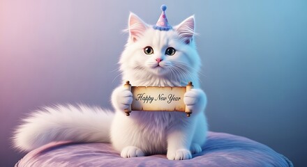 A fluffy white cat wearing a party hat sits on a cushion holding a scroll that says happy new year