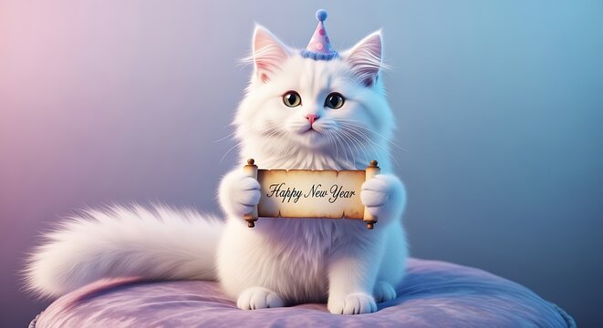 A fluffy white cat wearing a party hat sits on a cushion holding a scroll that says happy new year - Powered by Adobe