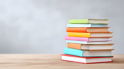 A vibrant stack of assorted colorful books neatly piled on a light wooden table surface with a blurred grey background representing education and learning