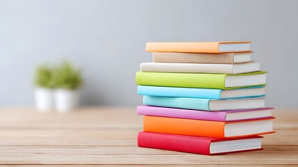A visually appealing stack of multiple hardcover books in various bright colors rests on a textured wooden desk set against a softly focused backdrop