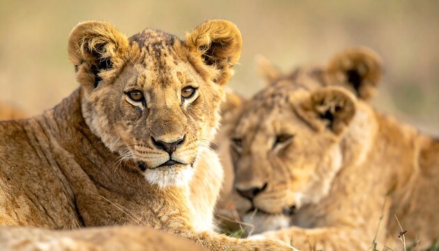 Two lion cubs resting together in the African savanna, looking alert.