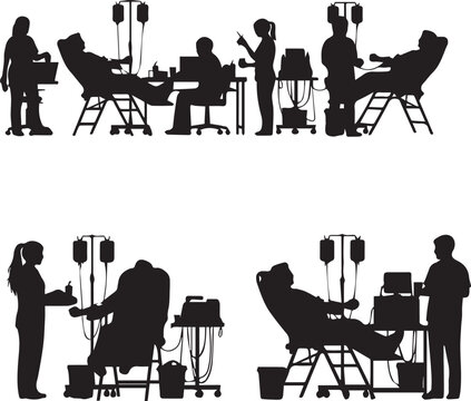 People silhouettes donating blood in medical setting with iv drips and equipment