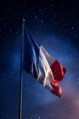 French flag waves proudly against a blue sky during Bastille Day highlighting patriotism and celebration