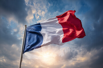 French flag waves proudly against a blue sky during Bastille Day highlighting patriotism and celebration