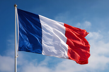 French flag waves proudly against a blue sky during Bastille Day highlighting patriotism and celebration