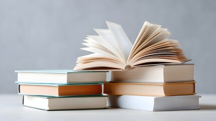 An inviting stack of various colored books features a central open book with visible pages symbolizing learning and intellectual pursuit in a clean minimalist setting