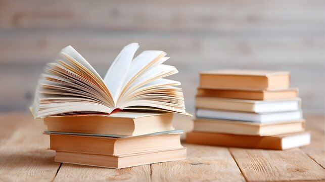 Close up view of an open book atop a pile of closed books on a wooden table with a blurred background showcasing more stacked books - Powered by Adobe